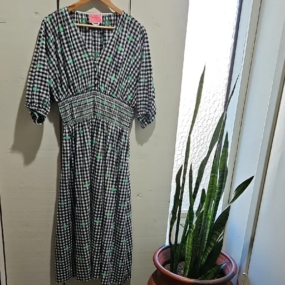Kate Spade Voile Black and White Checkered Full Dress with Green Accents - Picture 5 of 8
